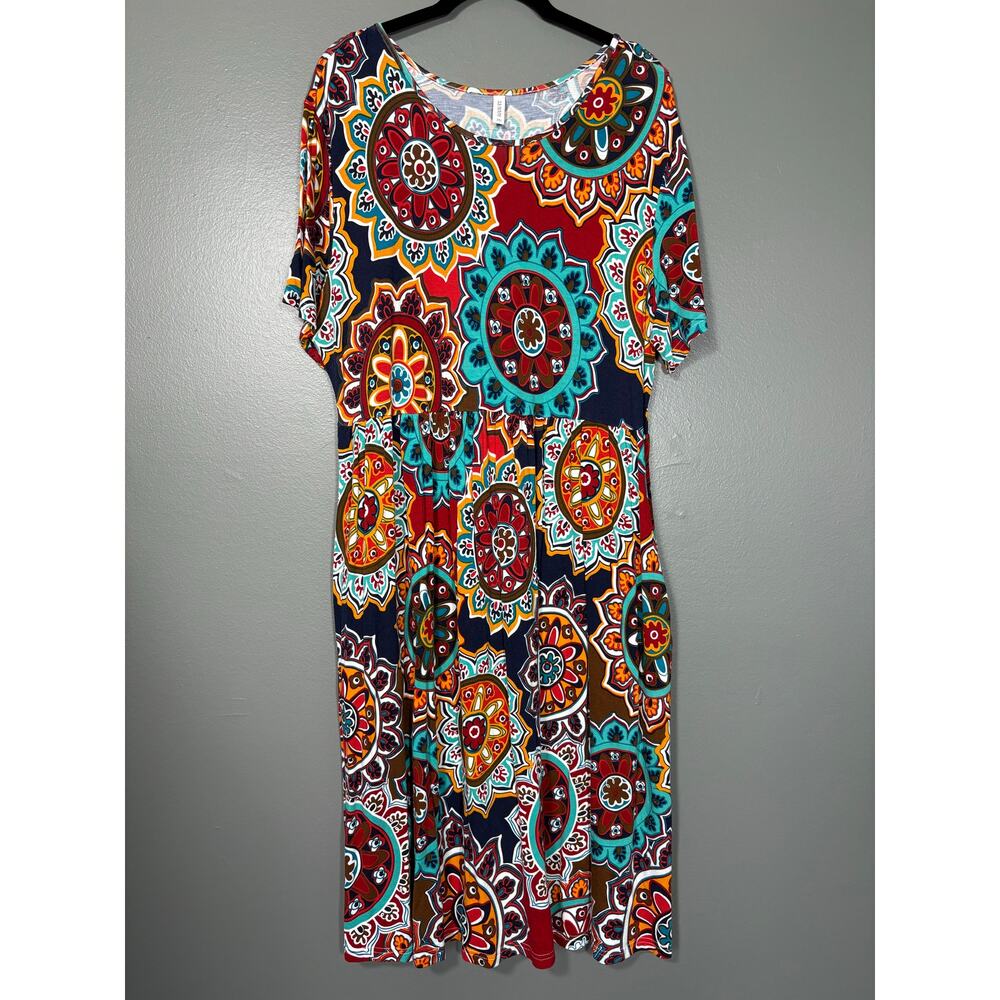 DB Moon Colorful Mandala Print Hippie Jersey Knit Dress - 2XL - Womens Plus Size